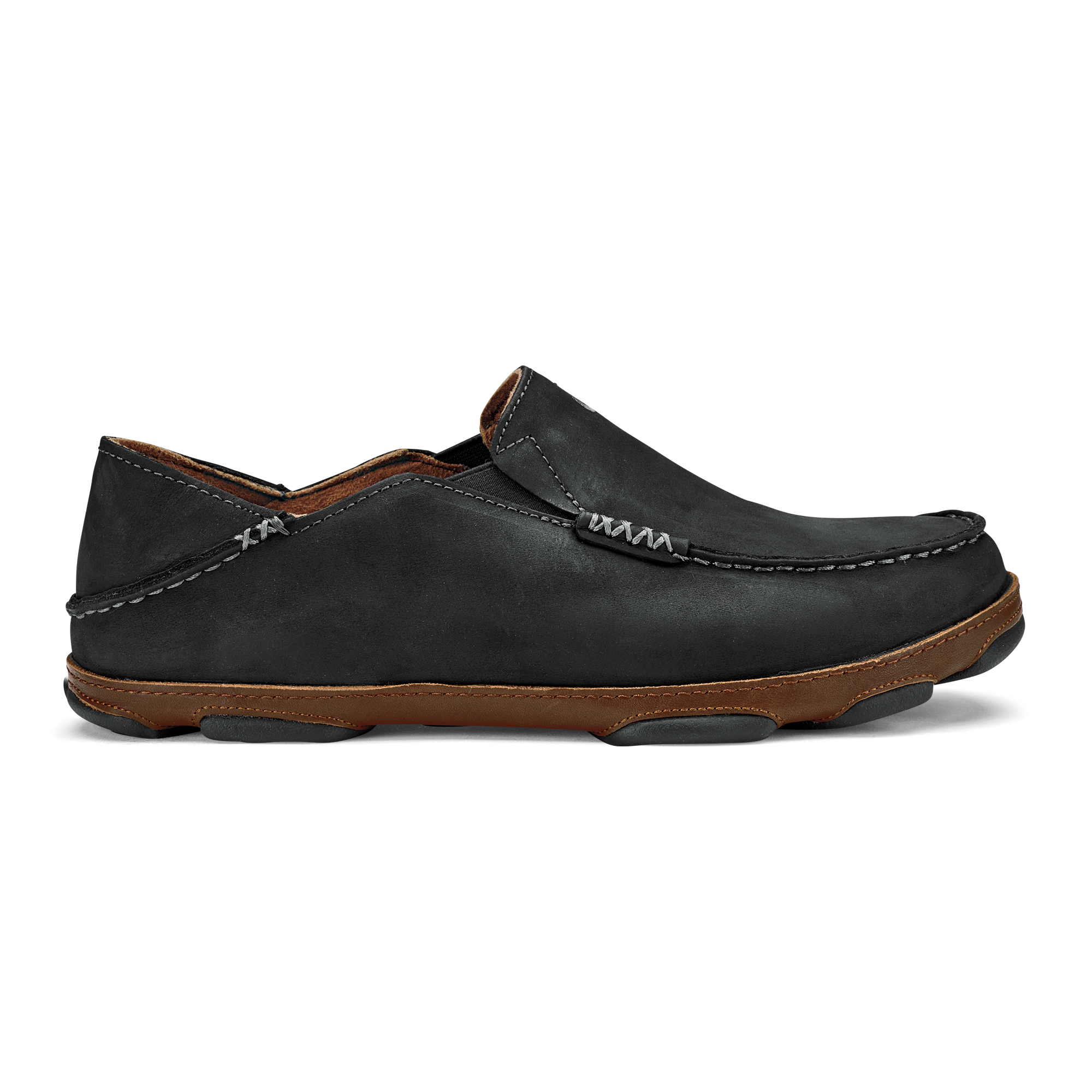 OluKai Moloā - Black / Toffee | Men's Leather Slip On Shoes