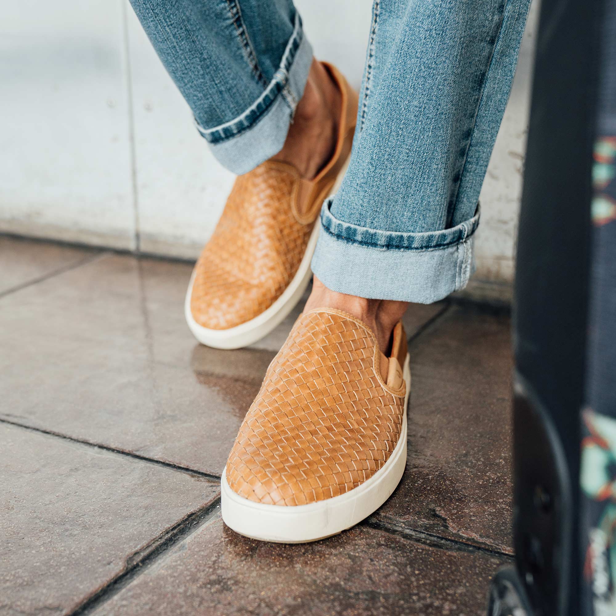 Tan leather discount slip on sneakers