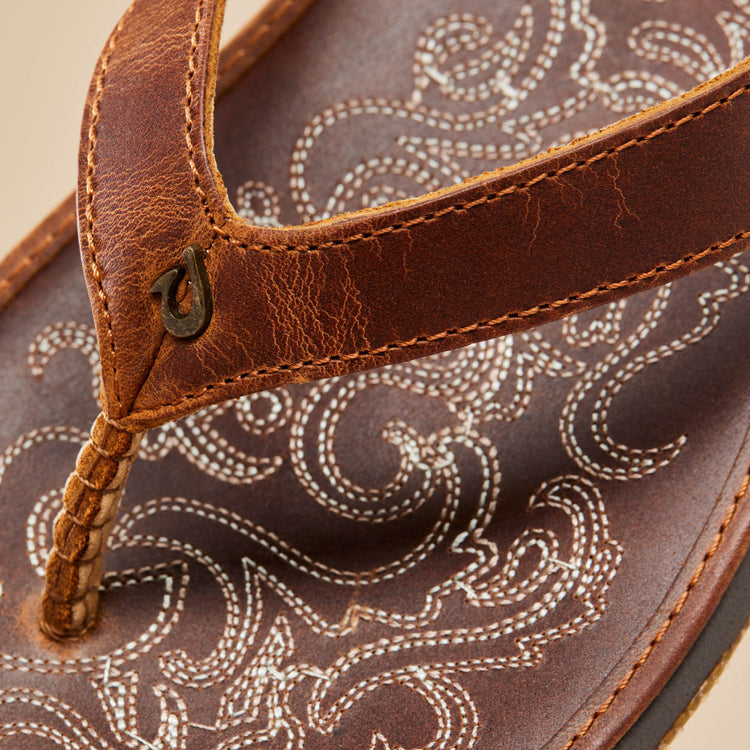 Olukai Paniolo (Cowgirl) Leather Flip Flop Sandal Natural Saddle Stitching  Sz 10